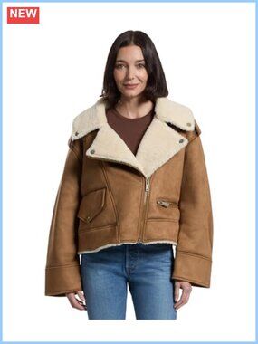 Faux Suede Faux Shearling Moto Jacket Asymmetrical Zip Long Sleeve Women's Coat